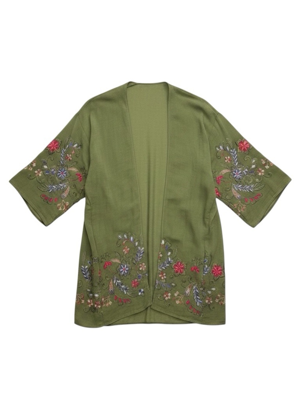 Three Bird Nest Fun In Florals Kimono Embroidery Green NWOT OS